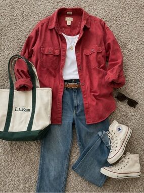 L.L. Bean Oversized Deep Red Casual Button-Down Shirt
